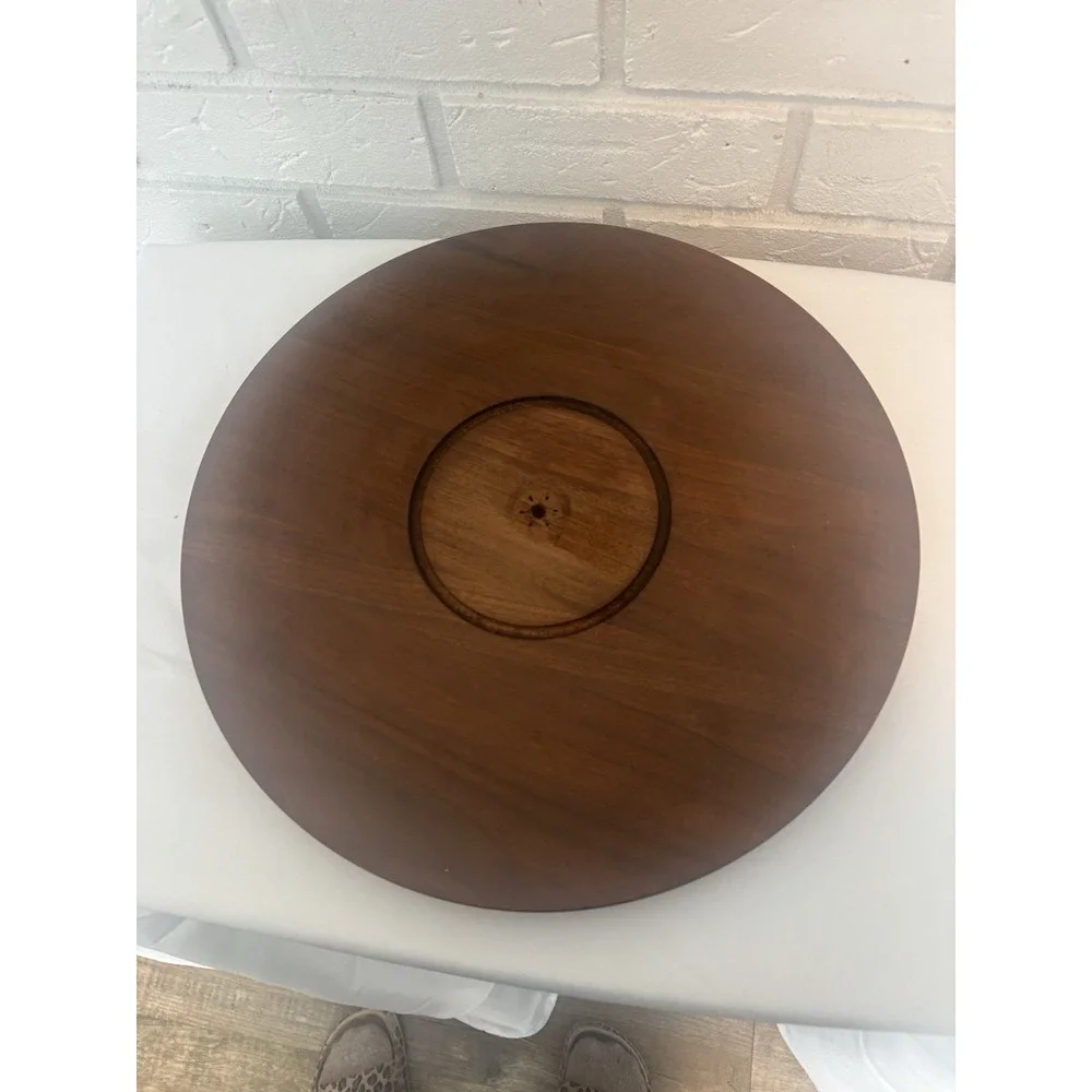 Vintage MCM Wood Cheese Board Glass Cloche Dome Serving Tray Striped Inlay 12in